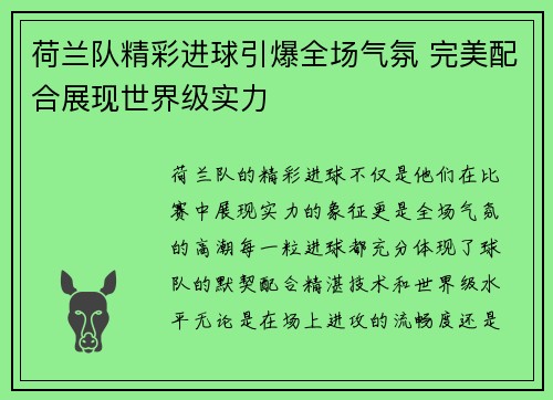 荷兰队精彩进球引爆全场气氛 完美配合展现世界级实力