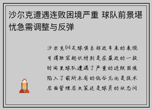 沙尔克遭遇连败困境严重 球队前景堪忧急需调整与反弹