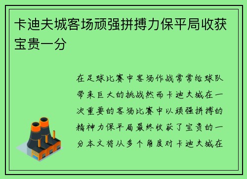 卡迪夫城客场顽强拼搏力保平局收获宝贵一分