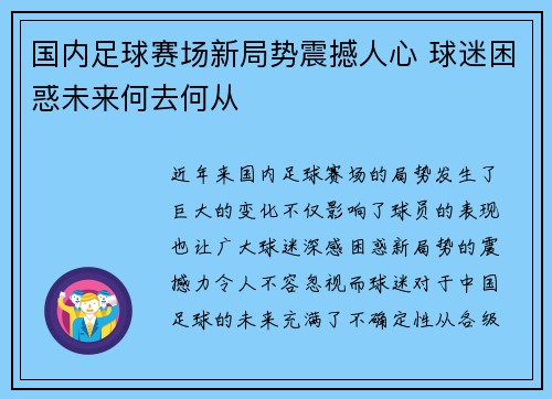 国内足球赛场新局势震撼人心 球迷困惑未来何去何从
