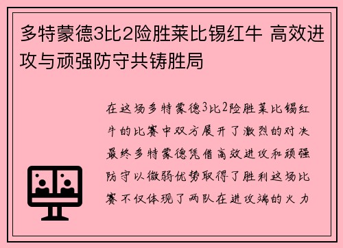 多特蒙德3比2险胜莱比锡红牛 高效进攻与顽强防守共铸胜局