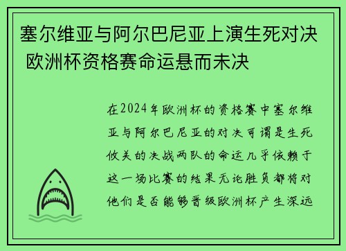 塞尔维亚与阿尔巴尼亚上演生死对决 欧洲杯资格赛命运悬而未决