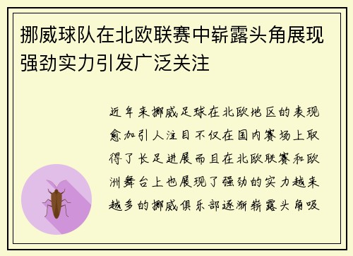 挪威球队在北欧联赛中崭露头角展现强劲实力引发广泛关注