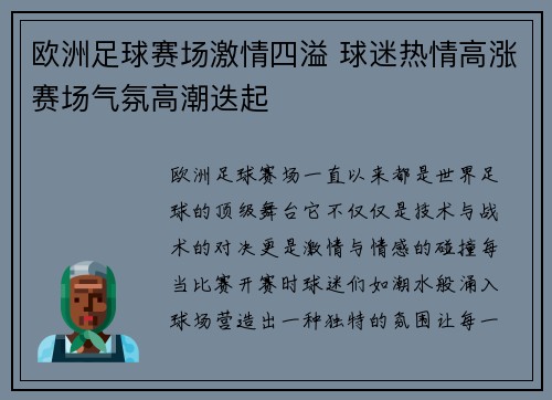 欧洲足球赛场激情四溢 球迷热情高涨赛场气氛高潮迭起