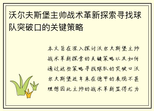 沃尔夫斯堡主帅战术革新探索寻找球队突破口的关键策略