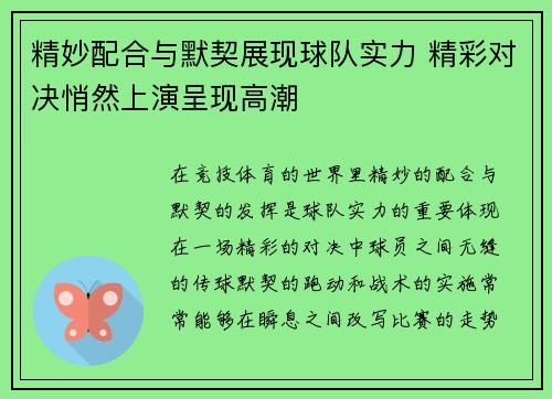 精妙配合与默契展现球队实力 精彩对决悄然上演呈现高潮