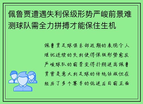 佩鲁贾遭遇失利保级形势严峻前景难测球队需全力拼搏才能保住生机
