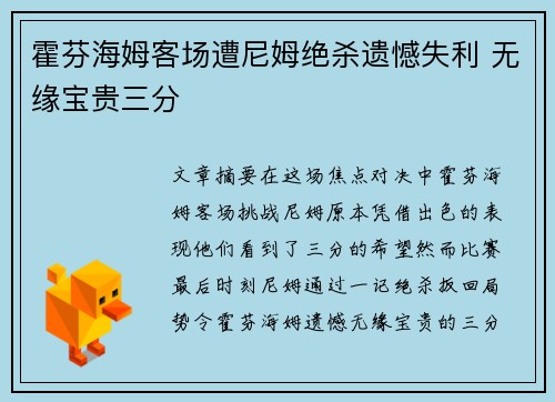 霍芬海姆客场遭尼姆绝杀遗憾失利 无缘宝贵三分