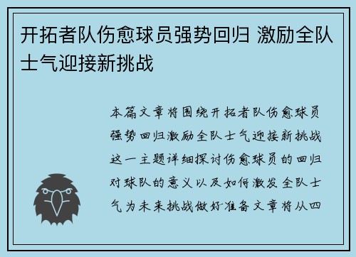 开拓者队伤愈球员强势回归 激励全队士气迎接新挑战
